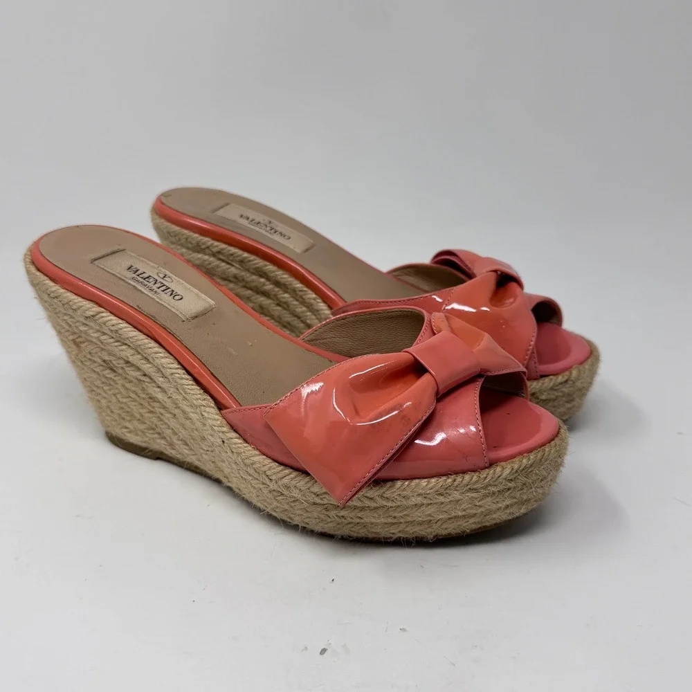 Valentino Garavani Mena Bow Espadrille Wedge Sandals – Pink Patent EU 36